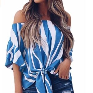 Striped Off Shoulder Bell Sleeve Shirt Tie Knot